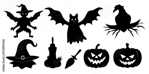 Vector Silhouette Set of Halloween Objects Pumpkin Lantern Bat and Witch Hat