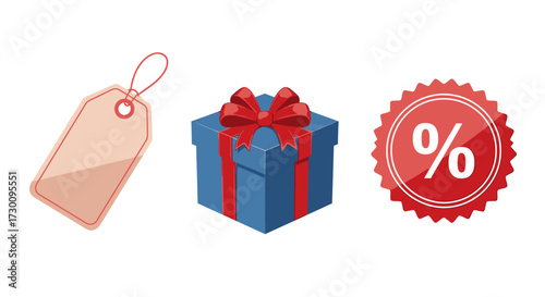 Three icons representing a sale, a gift box, and a percentage discount, isolated on a white background.