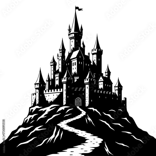 Vector art of a majestic castle perched atop a rugged hill, its towering spires reaching towards the heavens, a winding path leading to its imposing gates