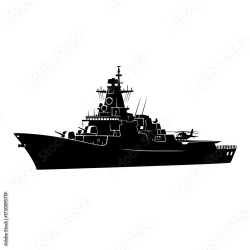 Vector art of naval warship silhouette a symbol of maritime power, defense, and technological prowess, representing the strength and security of a nations fleet