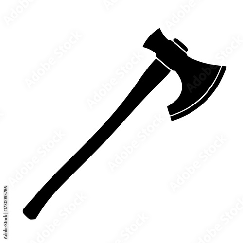 Illustration of a black axe, a tool used for chopping wood, featuring a sharp blade and a sturdy handle, commonly used in forestry and woodworking