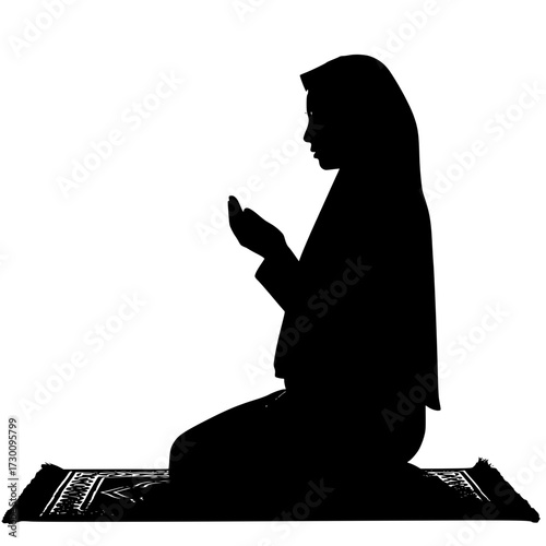 Vector art of silhouette of a muslim woman praying, kneeling on a prayer rug, facing mecca, performing salat, showing devotion and faith in islamic tradition