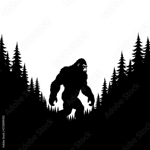Vector art of a silhouette of a bigfoot walking through a forest, with tall trees surrounding it, creating a sense of mystery and intrigue, the creature is dark and imposing