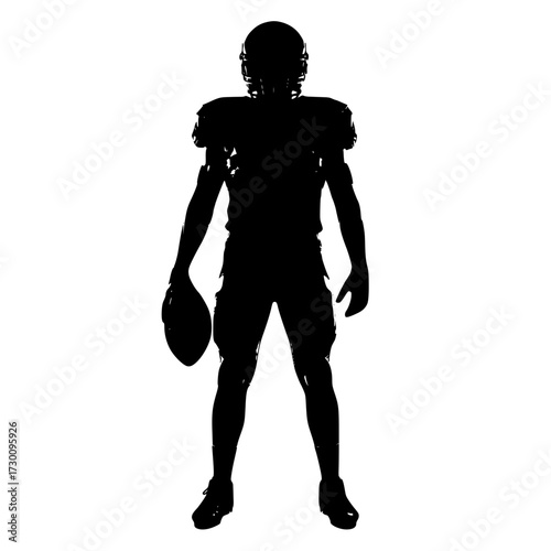 Vector art of a silhouette of an american football player standing tall, holding a football, ready for action, with shoulder pads and helmet, the figure is strong and determined