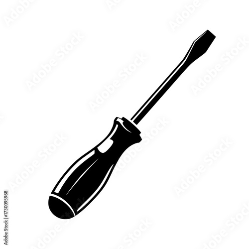Illustration of a black flathead screwdriver, a common hand tool used for tightening or loosening screws with a slotted head