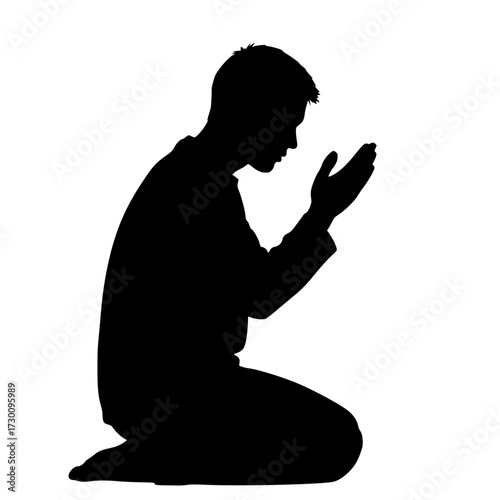 Vector art of silhouette of a man praying, depicting devotion and spirituality, capturing the essence of faith and reverence in a minimalist yet powerful image