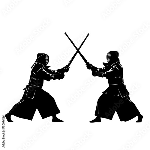 Vector art of two kendo fighters are engaged in a fierce duel, their bamboo swords clashing with precision and skill, the intensity of the martial art is palpable