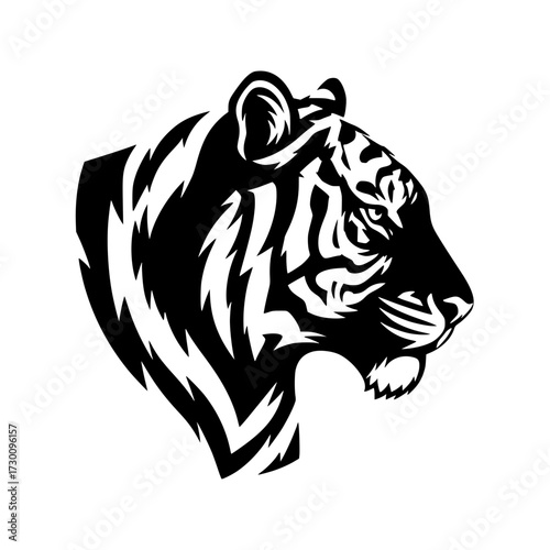 Vector art of a striking black and white depiction of a tigers head, showcasing its powerful features, fierce expression, and distinctive stripes, the tigers gaze is intense