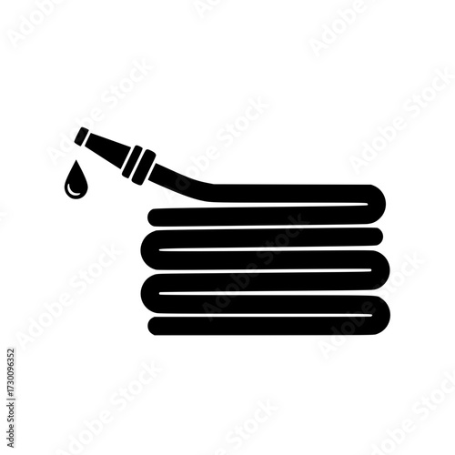 Vector art of a coiled garden hose with a nozzle and a single water drop, , representing irrigation, gardening, and water conservation, a symbol of utility