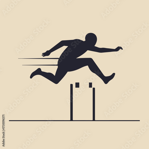 Silhouetted runner leaps over a hurdle, set against a beige background