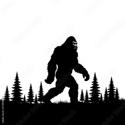 Vector art of a silhouette of a bigfoot walking through a forest, , creating a sense of mystery and intrigue, with the trees adding to the natural setting