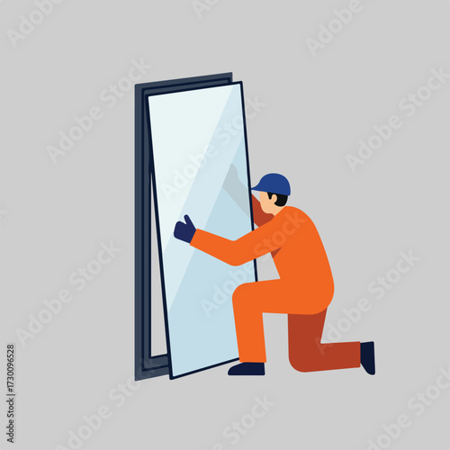 Worker installs a window, wearing orange overalls and blue hat/gloves