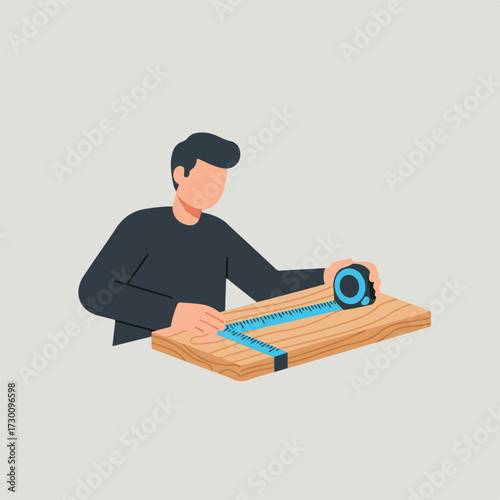 Man measures wood board with a blue tape measure