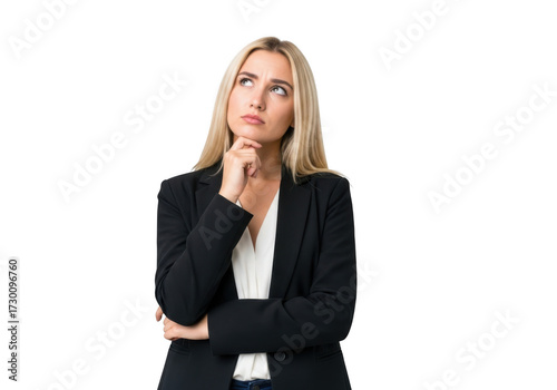 Thoughtful young businesswoman looking up isolated on transparent background, contemplating future opportunities and strategic decisions