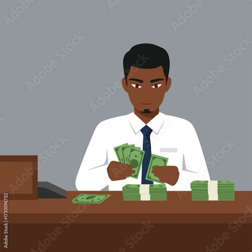 Counting cash Man holds money with stacks on a brown desk