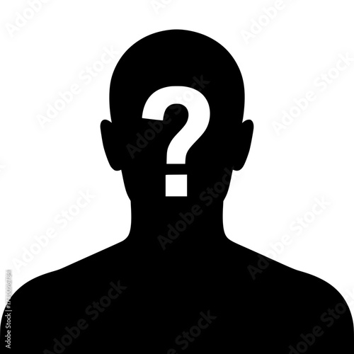 Vector art of a silhouette of a persons head with a question mark, representing uncertainty, mystery, and the search for answers and selfdiscovery