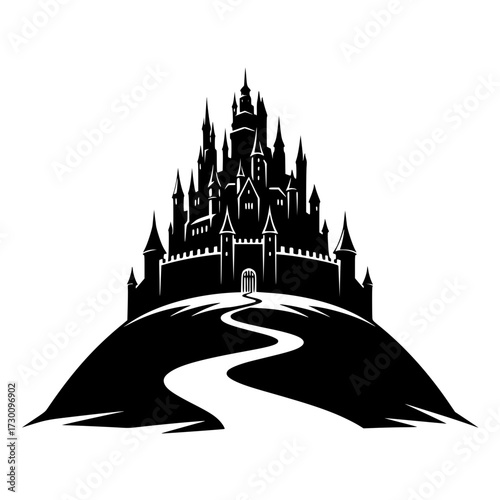 Vector art of a majestic castle perched atop a hill, its silhouette stark against the sky, with a winding path leading to its imposing entrance, a symbol of power and mystery