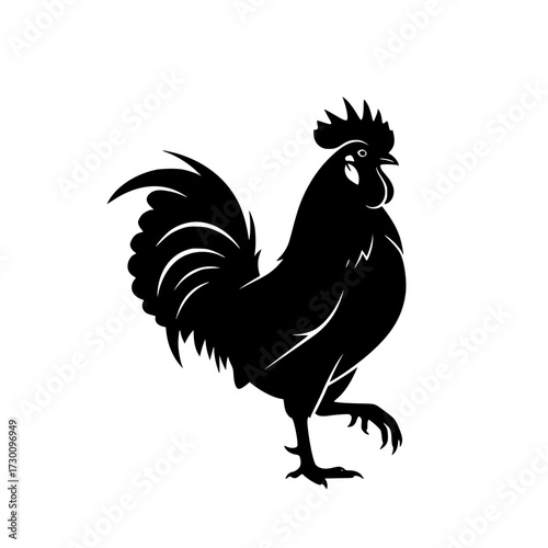 Vector art of a striking black silhouette of a rooster, showcasing its proud stance, detailed plumage, and distinctive comb, capturing the essence of rural life and farm imagery