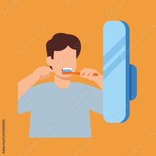 Illustration of person brushing teeth in front of mirror