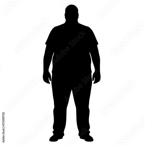 Vector art of silhouette of an overweight man standing, showcasing a fullbody view with a simple tshirt and pants, emphasizing his body shape and posture