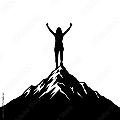 Vector art of silhouette of a woman standing on top of a mountain with her arms raised in victory, symbolizing success, achievement, and overcoming challenges in life