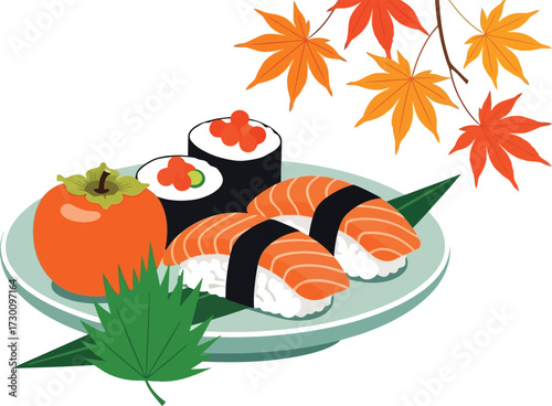 Sushi and persimmon on a plate with maple leaves isolated on white background