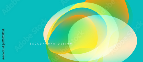 Abstract design features overlapping colorful circles. Turquoise background complements vibrant yellow, orange, green hues. Modern, fluid aesthetic.