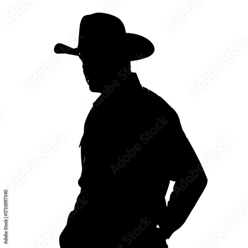 Vector art of a black silhouette of a cowboy wearing a hat, , evoking a sense of the wild west, rugged individualism, and the spirit of adventure, reminiscent of classic western films