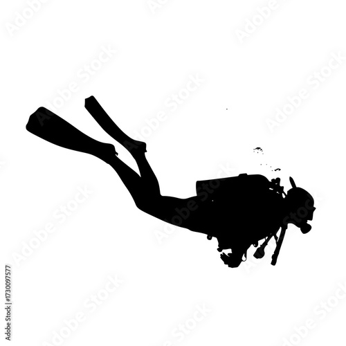 Vector art of silhouette of a scuba diver, showcasing the divers gear and posture while underwater, with a focus on the contrast and simplicity of the design
