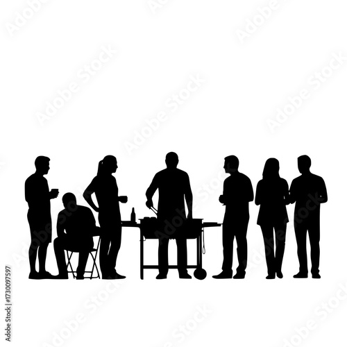Vector art of a silhouette of a group of people gathered around a table, possibly at a barbecue or social gathering, depicting community and friendship