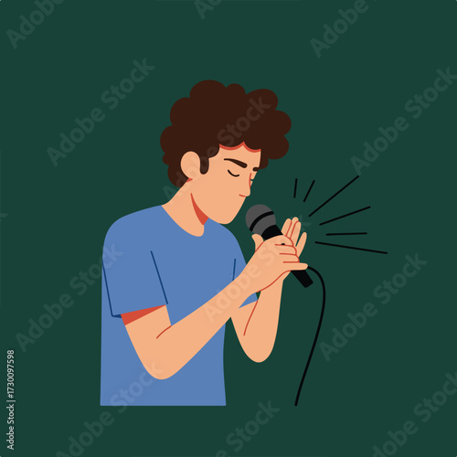 Man sings into microphone, eyes closed, dark green background