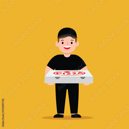 Cartoon delivery person holding a pizza box on a mustard background