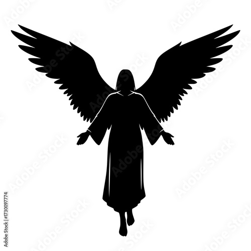 Vector art of silhouette of an angel with outstretched wings, representing spirituality, guidance, and protection, often seen as a symbol of hope and divine intervention