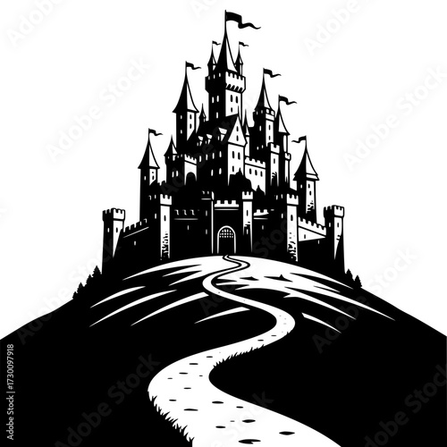 Vector art of majestic castle on a hill with winding path, the fairytale architecture evokes a sense of wonder and enchantment, inviting viewers to dream