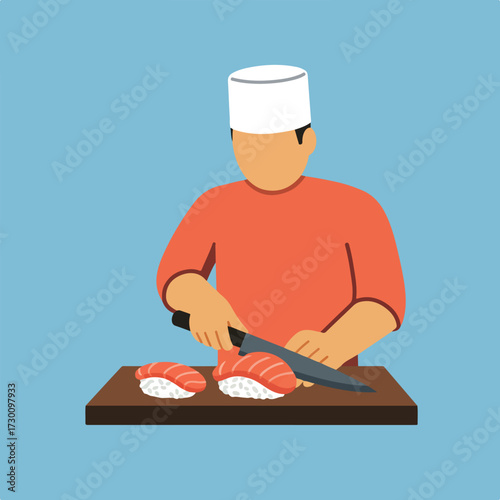 Sushi chef cuts salmon nigiri on a cutting board against a blue background