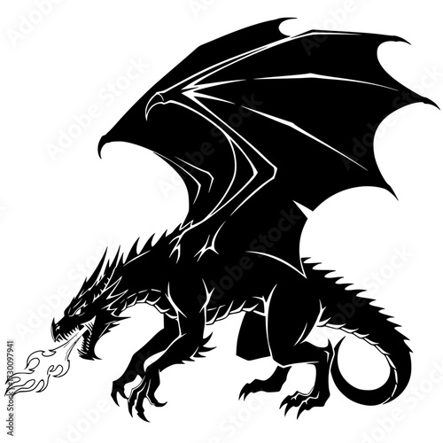 Vector art of a formidable dragon, breathing fire, symbolizing power, fantasy, and mythology, often associated with legends, medieval tales, and mythical creatures