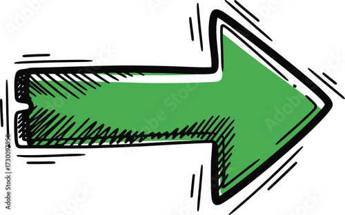 Hand drawn style green arrow pointing right conveys direction with a rough sketch effect