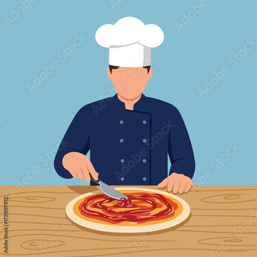 Chef spreading sauce on pizza dough at a wooden table, light blue background