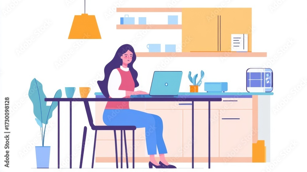 Fototapeta premium Woman working remotely from home at kitchen table with laptop and coffee cups