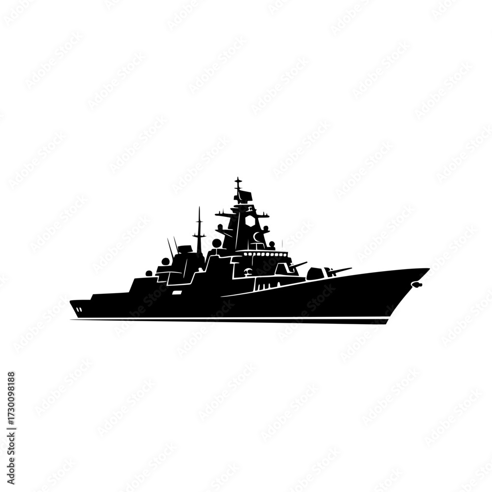 Fototapeta premium Vector art of silhouette of a modern warship, , showcasing its powerful naval architecture and advanced technology in a sleek, minimalist design