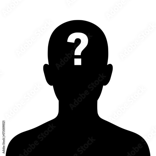 Vector art of silhouette of a person with a question mark, representing uncertainty, inquiry, and the quest for knowledge and understanding