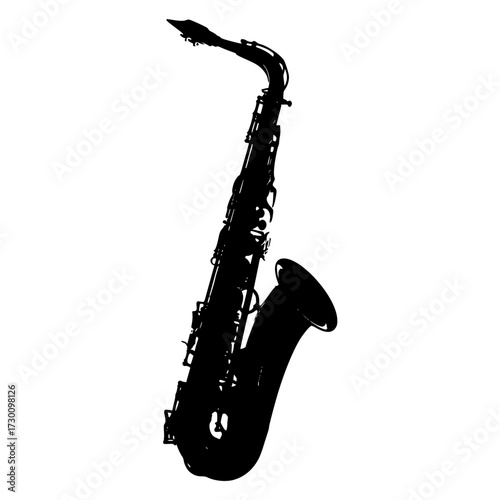 Vector art of a black saxophone silhouette, symbolizing jazz music, musical instruments, and artistic expression in a classic and elegant representation