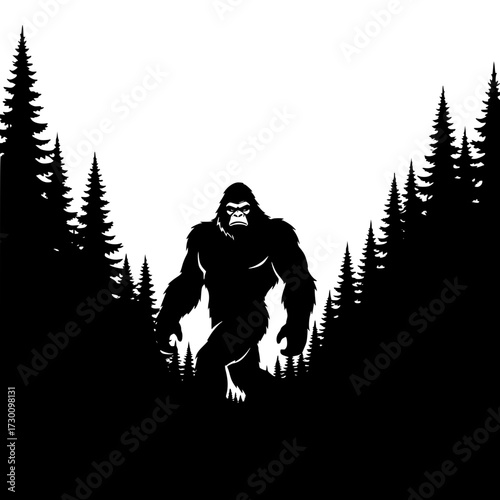 Vector art of a captivating silhouette of bigfoot emerges from the dense forest, framed by towering trees against an, evoking a sense of mystery and intrigue