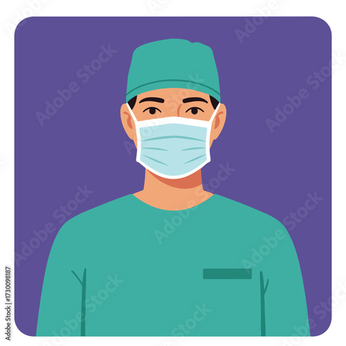 Person in medical scrubs and face mask on a purple background