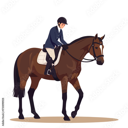 Rider sits atop a brown horse wearing gear, isolated on white background