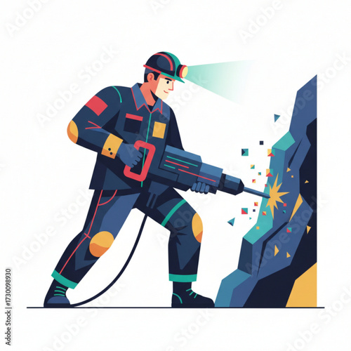 A miner is using a jackhammer to break rocks, wearing protective gear and a helmet with a headlamp