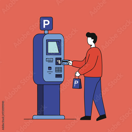Paying parking fee at machine, holding shopping bag on a salmon colored background