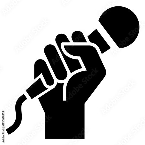 Icono silueta de mano sujetando un micrófono 