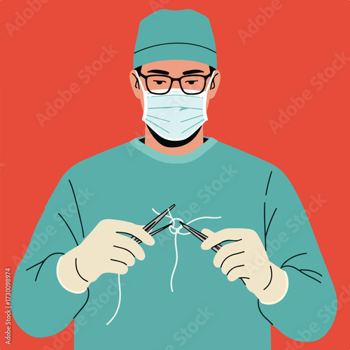 Doctor in scrubs with surgical tools