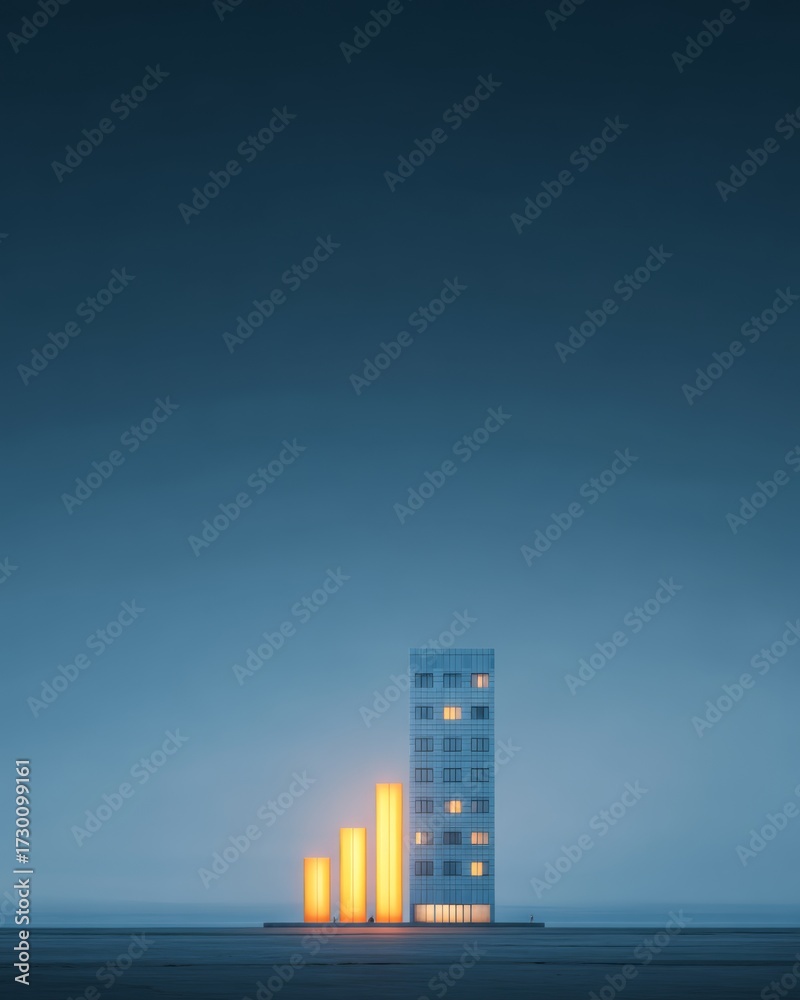 Fototapeta premium Isolated modern office building with a bar chart icon, symbolizing analytics, performance, and growth.